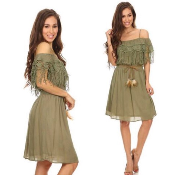 Fringe crochet detail boho dress in olive green. NO BELT NWT - Picture 3 of 10